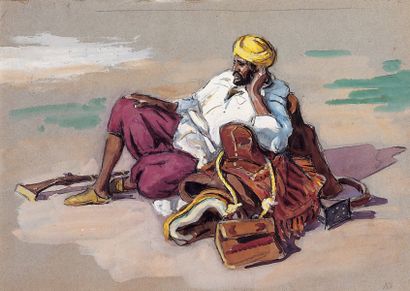 DOIGNEAU (Edouard) "Le repos du cavalier". Crayon gouache et aquarelle.25 x 35 c...