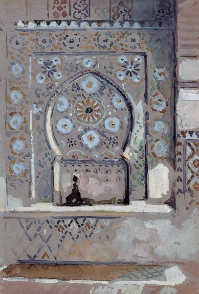 DOIGNEAU (Edouard) "Fontaine, Maroc". Crayon, gouache et aquarelle. 36 x 24 cm