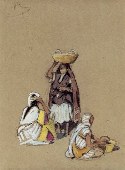 DOIGNEAU (Edouard) "Trois femmes au marché, Maroc". Crayon, gouache et aquarelle....