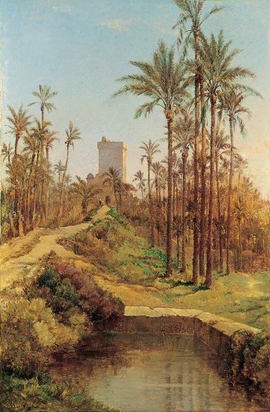 LEVIS (Maurice) "Minaret dans la palmeraie, vers 1895". Huile sur toile signée en...