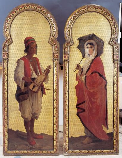 LAPORTE (Emile-Henri) Musicien et jeune femme turque à l'ombrelle. Deux huiles sur...