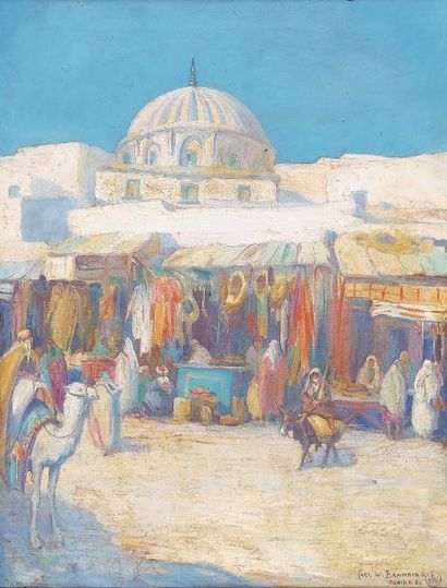 BRANDIEN (Carl W., XXe siècle) Souk à la laine, à Kairouan. Huile sur toile, signée...