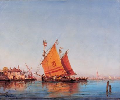 MALFROY (Henri) - dit SAVIGNY "Vue d'un port oriental". Huile sur toile signée en...