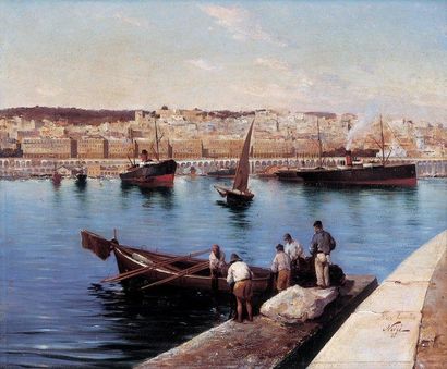 NOIRE (Maxime) "Le Port d'Alger".Huile sur toile, signée, datée (18)89 et dédicacée...