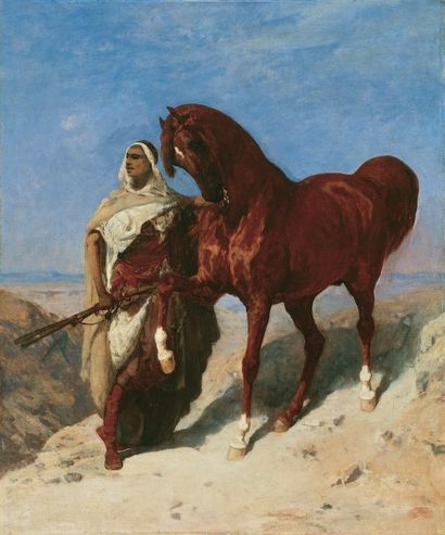DELAMAIN (Paul) Guerrier et son cheval. Huile sur toile signée en bas à droite.Delamain...