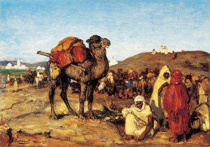 GOURDAULT (Pierre Jules Auguste) Marché aux chameaux à Kairouan.Huile sur panneau...