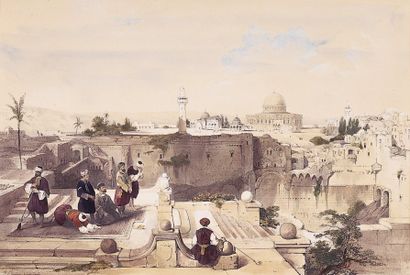 null "La mosquée d'Omar située sur l'emplacement du Temple". Lithographie aquarellée...