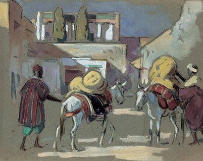 DOIGNEAU (Edouard) "Retour du marché". Crayon, gouache et aquarelle.24 x 29 cm