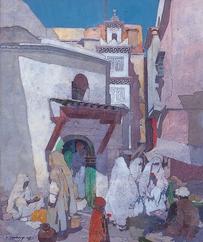 CAUVY (Léon) Rue animée dans la Casbah. Gouache, signée en bas à gauche et datée...