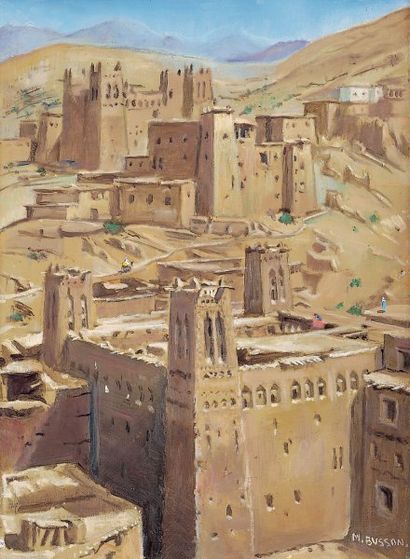 BUSSON (Marcel, né en 1919) Casbah dans la région du M'Goun - Maroc.Huile sur toile,...