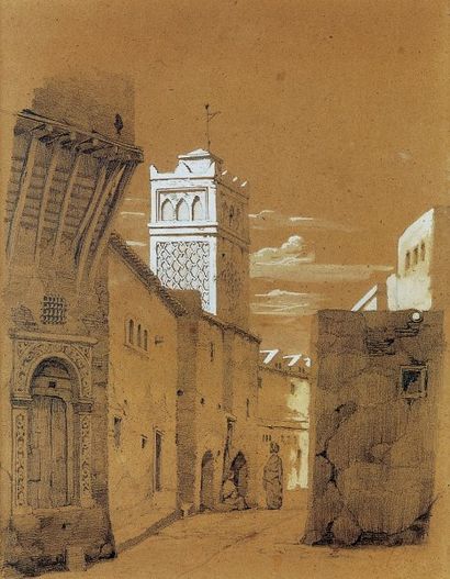 MOREL FATIO (Antoine Léon) Minaret et ruelle à Alger en 1833. Mine de plomb rehaussée...