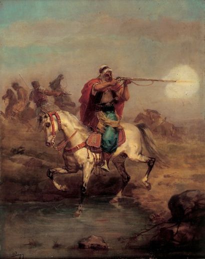 PRANGEY (Emile) Le chasseur arabe. Huile sur toile, signée en bas à gauche. 46 x...