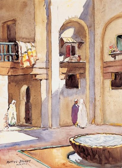 BRONDY (Mattéo) Cour de palais à Meknès. Aquarelle signée et située Meknès en bas...