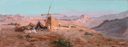LOUCHE (Constant) Campement et puits dans le Sud algérien. Huile sur toile, signée...