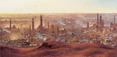 DINET (Etienne) Le Caire, brumes, poussières et fumées du matin, 1899. Huile sur...