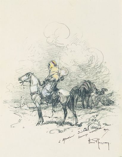 ROUSSEAU (Henri) Cavalier et chameaux.Mine de plomb rehaussée de couleurs, signée,datée...