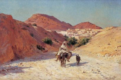 GIRARDET (Eugène) "Paysan sur le chemin".Huile sur toile signée en bas à droite.41...