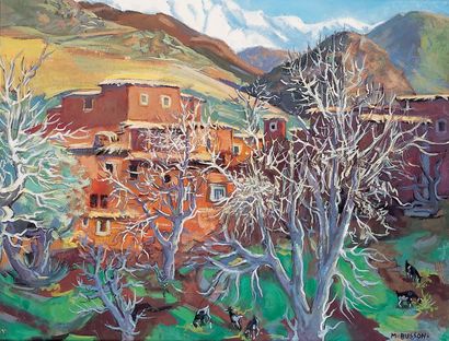 BUSSON (Marcel, né en 1919) Noyers à Asni, sur le chemin du Djebel Toubkal - Maroc.Huile...