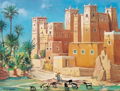 BUSSON (Marcel, né en 1919) Casbah à Guelmous - Environ de Skoura,Maroc. Huile sur...