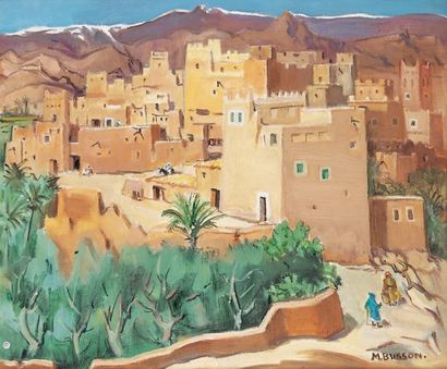 BUSSON (Marcel, né en 1919) Casbah à Tinerhir, Maroc.Huile sur toile marouflée sur...