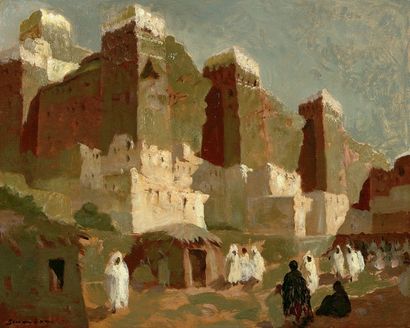 SCHMIDT (XIXe-XXe siècle) Kasbah dans l'Atlas, Maroc. Huile sur panneau, signée en...