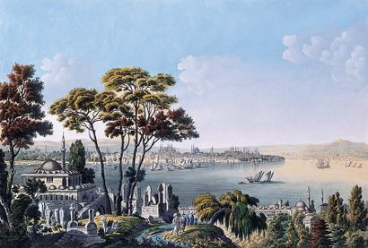 CASSAS (Louis-François) "Vue de Constantinople, pris de la Mer de Marmara".Aquarelle...
