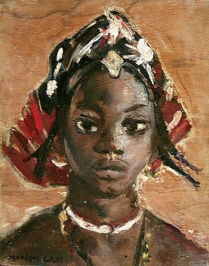 CRAS (Monique) Portrait d'africaine.Huile sur panneau. Cachet d'atelier en bas à...