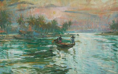 HUZE (Guy) Pirogue sur la lagune.Gouache, signée en bas à droite.37 x 57 cm (à v...