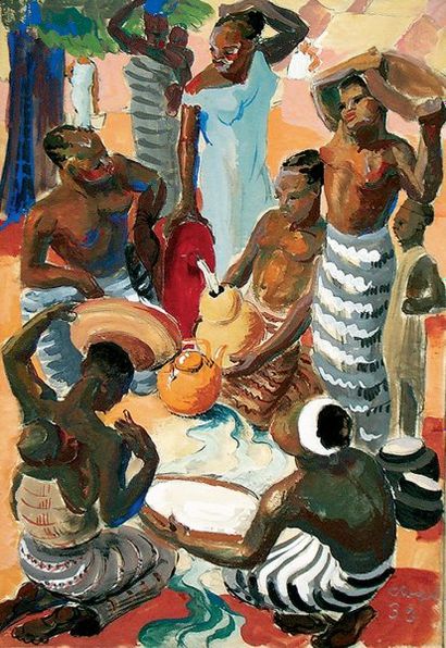 ROUGET (Eliane, début XXe siècle) Africaines à la fontaine.Gouache sur calque, signée...