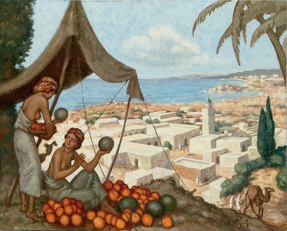 MAJOREL (Fernand) Marchandes de pastèques et d'oranges. Huile sur toile signée en...