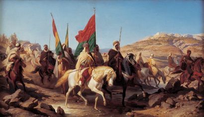 PHILIPPOTEAUX (Henri Félix) "Chefs arabes passant le gué, 1866". Huile sur panneau,...