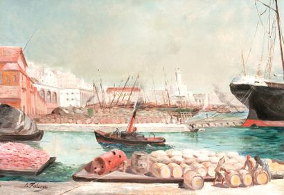 Victor FULCONIS (Alger 1851 - Oran 1913) «Le port d'Alger». Huile sur toile, signée...