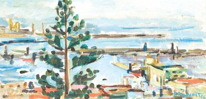 Pierre PRUVOST (Né en 1921) Le port d'Alger, 1952. Huile sur toile, signée en bas...
