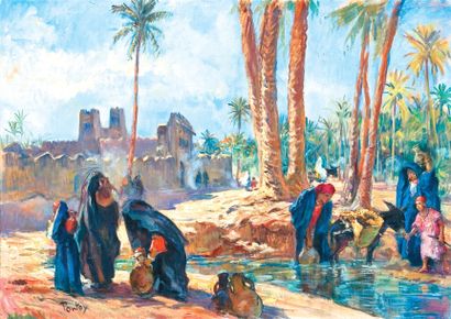 Henry PONTOY (1888-1968) «Porteuses d'eau, Maroc du sud». Huile sur toile, signée...