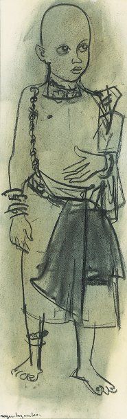 Roger BEZOMBES (1913-1994) «Le Négrillot». Dessin au fusain, signé en bas à gauche....