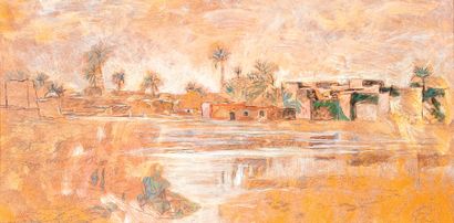 Patrice LAURIOZ (Né en 1959) «Au bord de l'oued». Huile sur panneau d'isorel, signée...