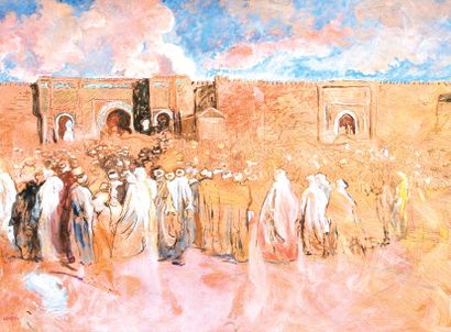 Patrice LAURIOZ (Né en 1959) «Rassemblement et festivités devant Bab Mansour, Meknès....