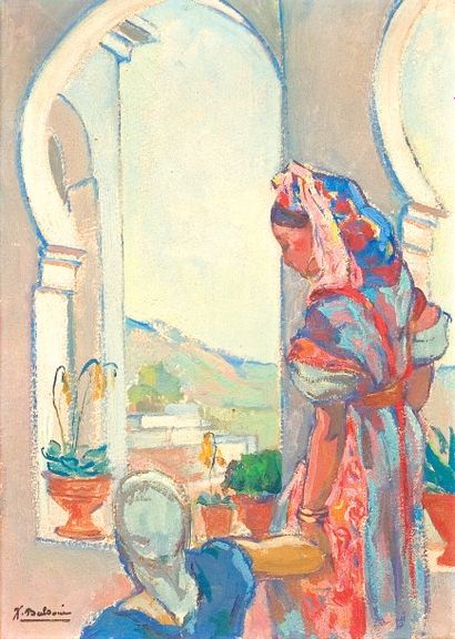 Jean BALDOUI (1890-1955) Jeune fille marocaine à la fenêtre. Huile sur carton, signée...