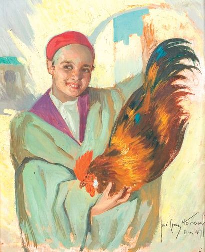 José CRUZ HERRERA (1890-1972) Le petit marchand de volaille de Casa. Huile sur toile,...