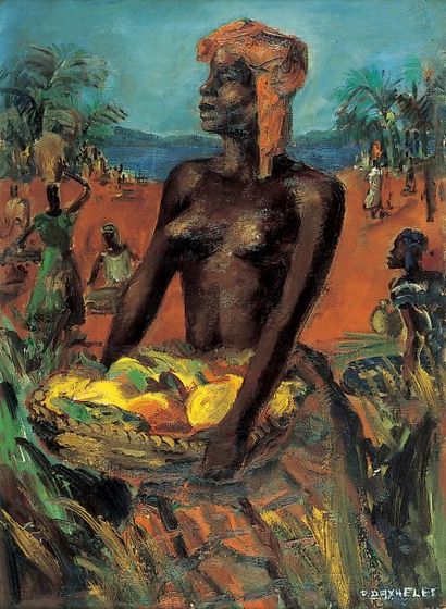 Paul DAXHELET (1905-1993) La corbeille de fruits. Huile sur toile, signée en bas...