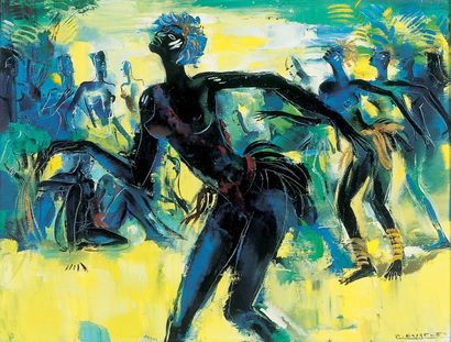 Paul DAXHELET (1905-1993) Danseurs tutsis. Huile sur toile, signée en bas à droite....
