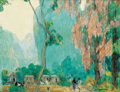 Fernand LANTOINE (1876-1956) Village africain. Huile sur panneau, signée en bas à...