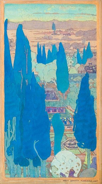 René BENEZECH (XXesiècle) «Marrakech, 1920». Aquarelle et rehaut d'or signée, située...