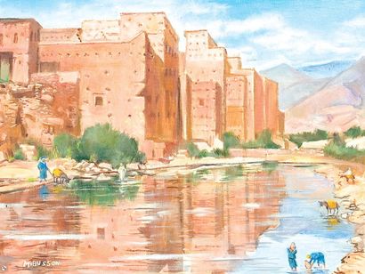 Marcel BUSSON (né en 1913) «Seguia près de l'Oum er R'bia à Azemmour, Maroc». Huile...