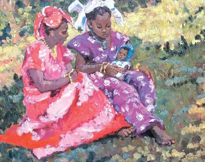 Germaine CHARDON (début XXesiècle - École belge) «Les Mamas (Rwanda)». Huile sur...