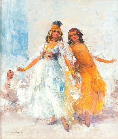 William Adolphe LAMBRECHT (1876-1940) Les danseuses ouled naïl. Huile sur toile,...