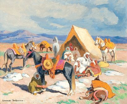 Edouard DOIGNEAU (1865-1951) «Campement arabe». Huile sur toile, signée en bas à...
