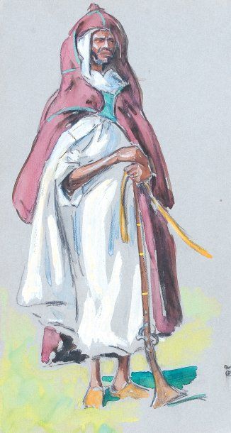 Edouard DOIGNEAU (1865-1951) «Chef arabe et son moukala». Crayon, gouache et aquarelle....