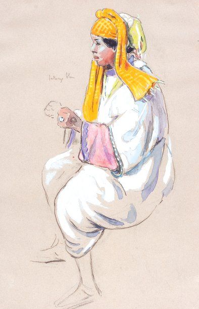Edouard DOIGNEAU (1865-1951) «Jeune berbère au foulard jaune». Crayon, gouache et...