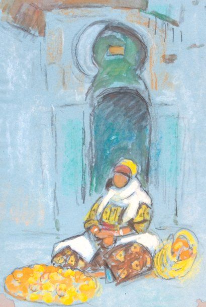 Edouard DOIGNEAU (1865-1951) «La marchande d'oranges». Crayon, gouache et pastel...